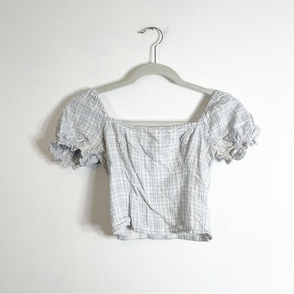 Abercrombie and Fitch Plaid Square Neck Puff Sleeve Crop Top White Blue XS - Picture 2 of 5